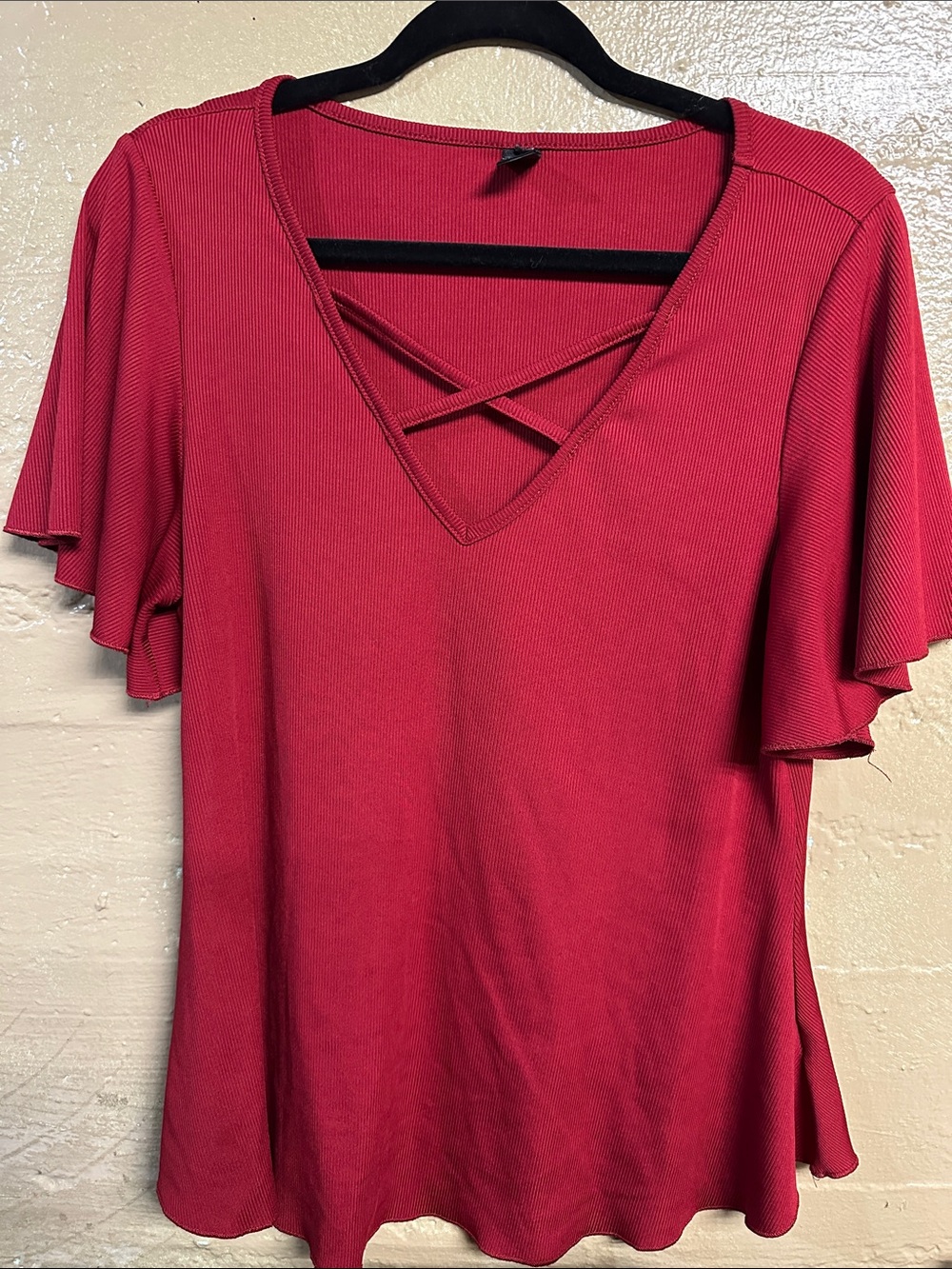 Women's Crisscross V-Neck Flutter Sleeve Top - Red